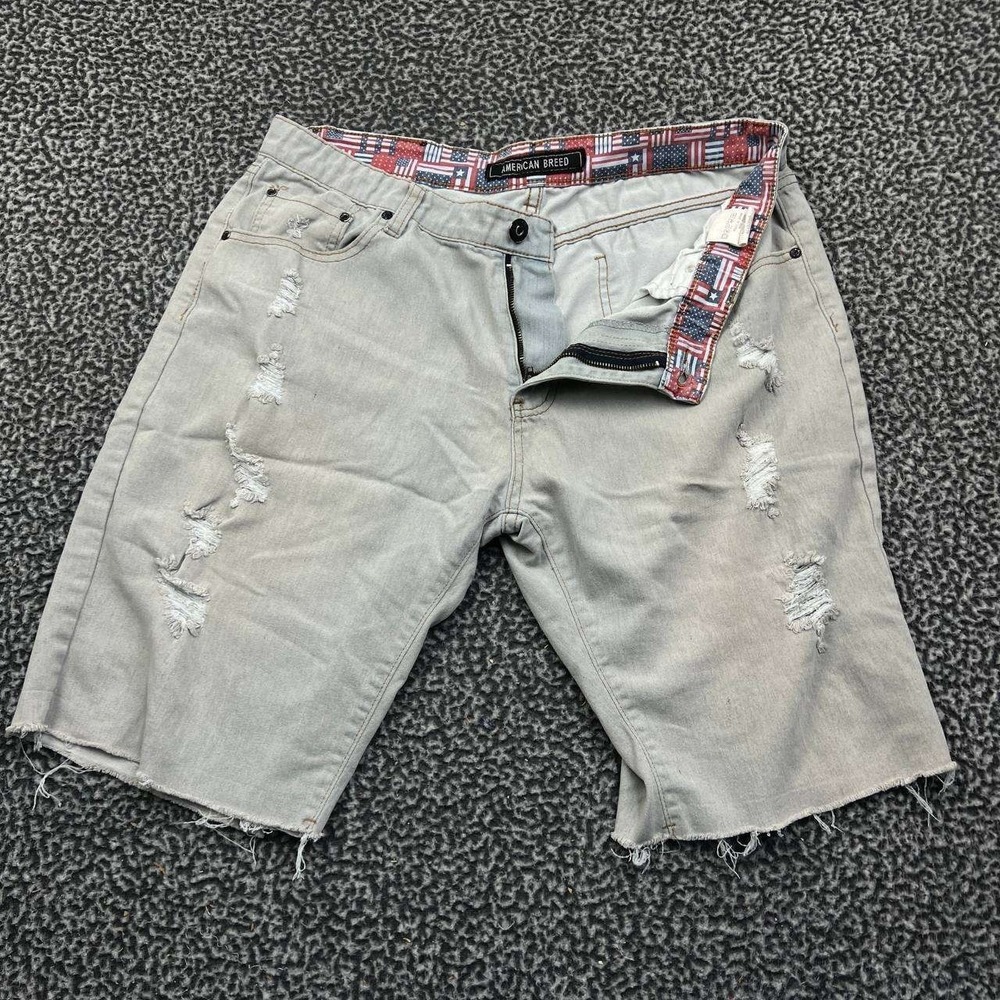 American Breed Mens Distressed Denim Shorts Gray Size 34 Cut Off Raw Hem Jean‎